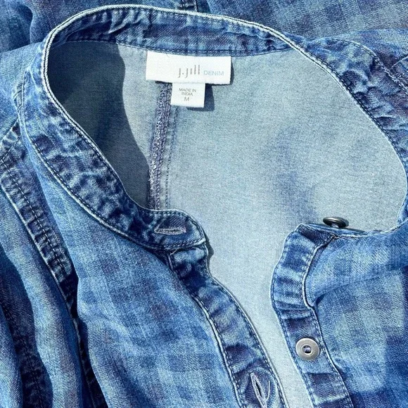 J Jill Blue Denim Check Dress Womens M Plaid Long Sleeve Button Up Distress Boho - Picture 7 of 13